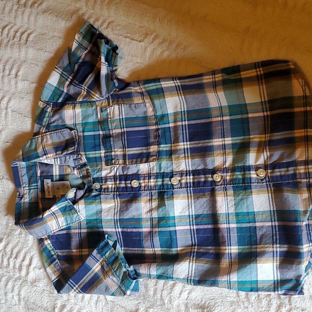 Navy blue and teal plaid shirt